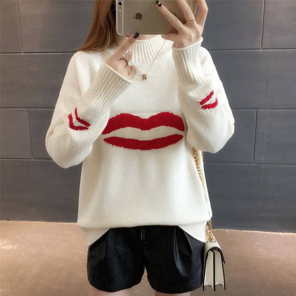 

women lips sweaters winter warm long sleeve loose female fashion pullovers korean style casual half turtleneck women's, White;black