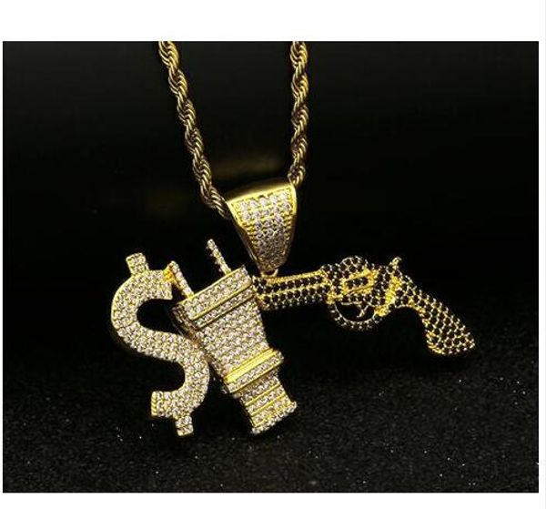 

горячие продажи новый bling король мужские $ доллар электрическая вилка пистолет cz подвеска блестящий микро проложили белый черный цирконий, Silver