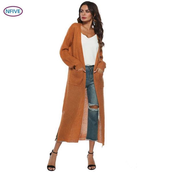 

nfive brand 2018 women thick lengthen sweaters new fashion european split fork big pocket cardigan long sleeve irregular sweater, White;black