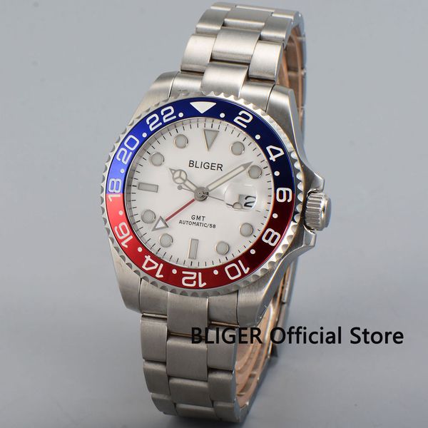 

sapphire glass 43mm bliger white dial blue red bezel luminous marks gmt function date magnifier automatic movement men's watch, Slivery;brown