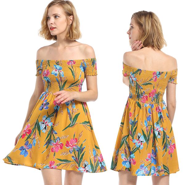 

summer's new women's off the shoulder printed dresses floral print dress beautiful summer's party dress s  l xl, Black;pink