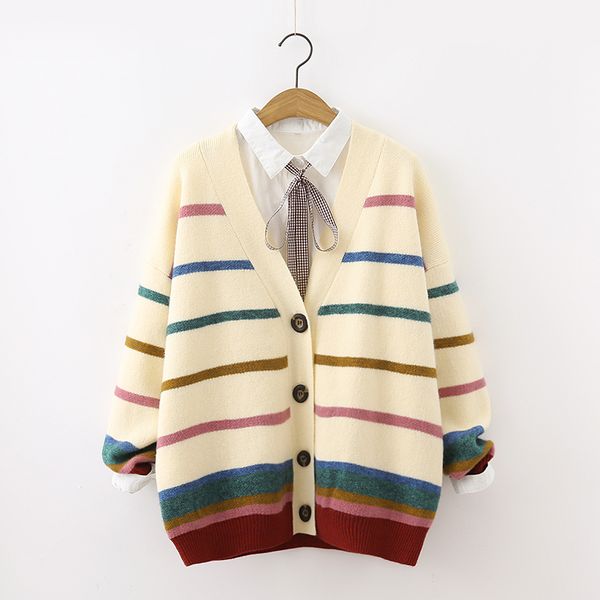 

literary rainbow stripes single-breasted cardigan wool sweater mori girl 2018 autumn winter, White;black