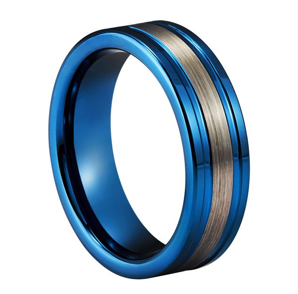 

tungsten carbide ring 8mm blue band two groove and gray flat brush finished anniversary ring for men unique jewelry, Slivery;golden
