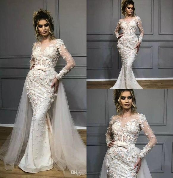 

2019 mermaid wedding dresses with detachable train jewel neck lace appliques country wedding dress long sleeve plus size bridal gowns, White