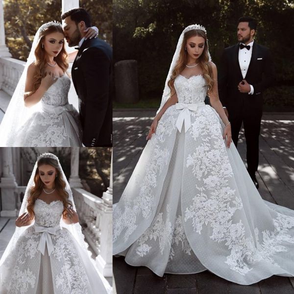 

said mhamad overskirts wedding dresses with sweetheart sash bow 3d appliques lace wedding dress vintage sweep train bridal vestidos, White