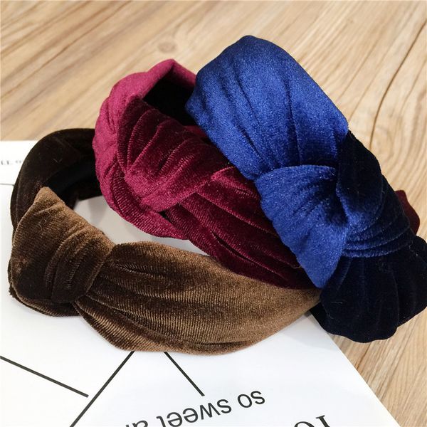 

pure color headband simple pleuche hair band sweet korean wide-brimmed cross knotted hair band 7 colors, Black;brown