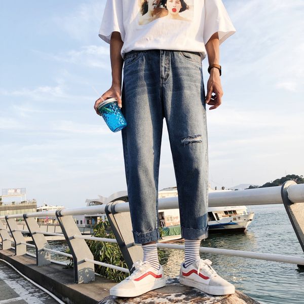 

jeans men washed fashion retro hole straight slim denim pants man autumn new streetwear hip hop cowboy trousers male clothes, Blue