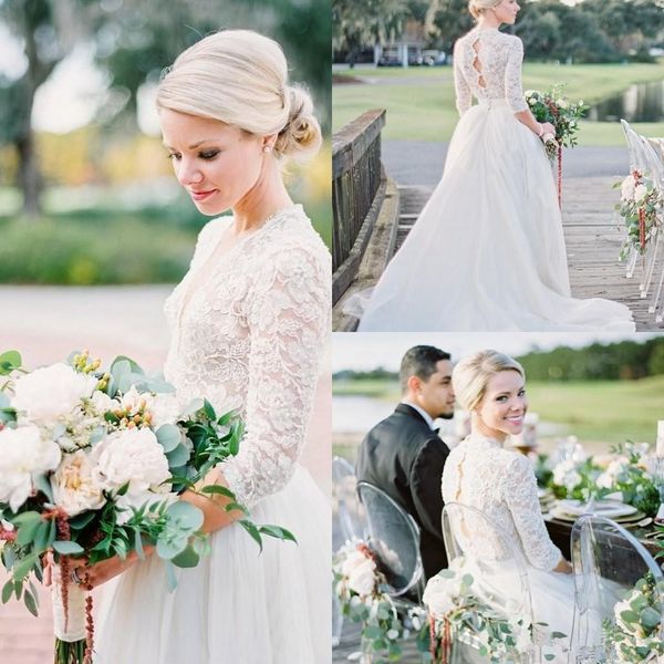 

vintage country wedding dresses with 3/4 long sleeve 2019 v-neck fairy lace tulle outdoor garden plus size bridal gown, White