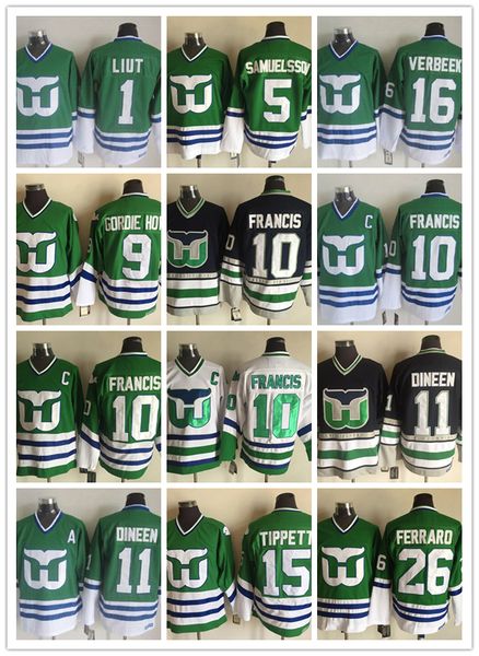 

ccm men stitched hartford whalers #1 liut/#10 francis/#11 dineen/#15 tippett/#16 verbeek white black green ccm ice hockey jerseys, Black;red