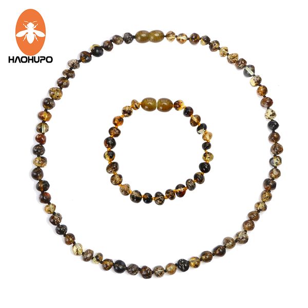 

haohupo 100% natural amber stone genuine baltic baby teething ambar necklace&bracelet natural jewelry sets for baby & adult, Black