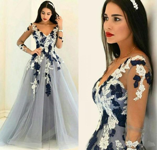 

2018 Arabic Evening Dresses V Neck Illusion Long Sleeves Prom Dress A Line Dubai Style Vestidos Pageant Dress Formal Gowns