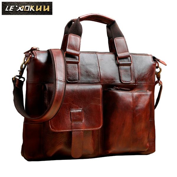 

men quality leather antique retro business briefcase 15.6" lapcase attache portfolio bag one shoulder messenger bag b260w