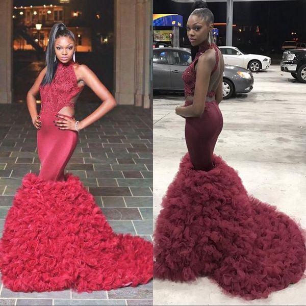 

satin tulle high neck halter backless evening dress black girls mermaid prom dresses robe de soiree grande taille, Black;red