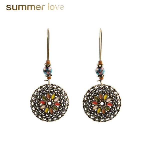 

2018 new arrival vintage hollow round enamel flower & blue natural stone pendant earring for women antique design fashion long earring, Golden;silver