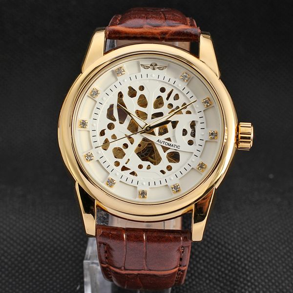 

new brand men fashion mechanical watches leather strap men's automatic skeleton watches male clock ship, Slivery;brown