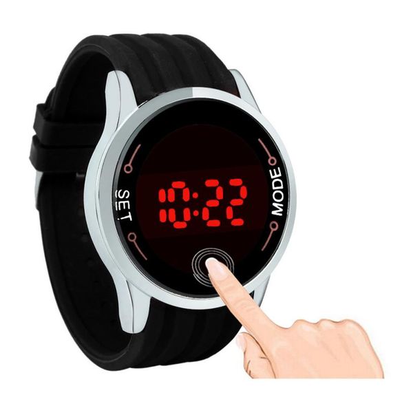 

2018 new fashion waterproof men led touch screen day date silicone wrist watch creative clock touch screen men's clocks, Slivery;brown