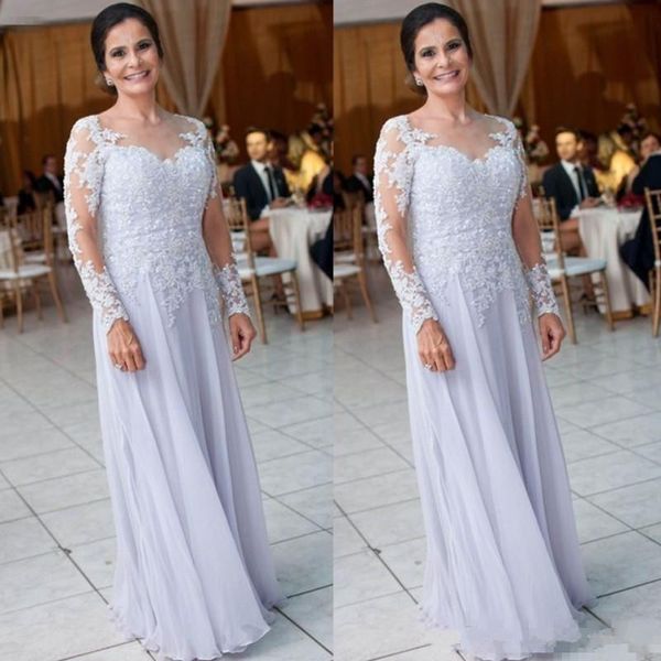 Abiti per la madre in chiffon lilla per matrimoni Una linea con scollo trasparente Applicazioni con paillettes maniche lunghe Abito per la madre della sposa Taglie forti