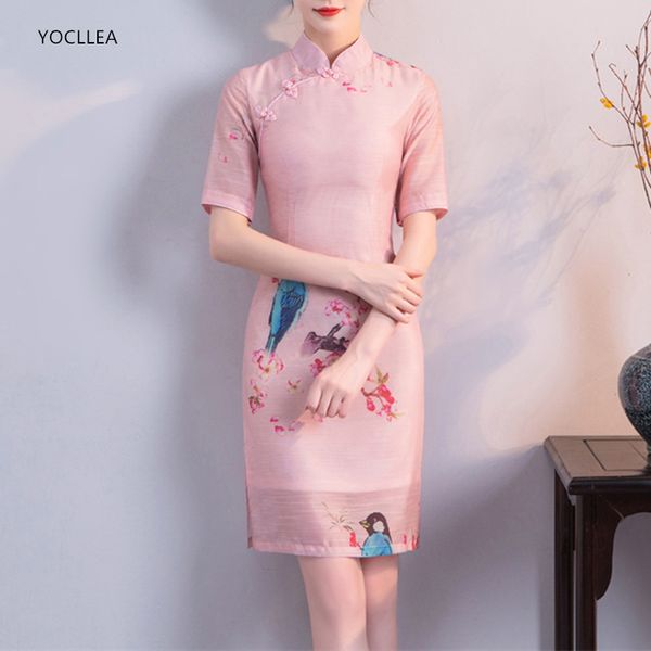 

unfixed print chiffon cheongsams 2018 autumn girl half sleeve midi pink qipao dress female vintage fashion party dresses, Red