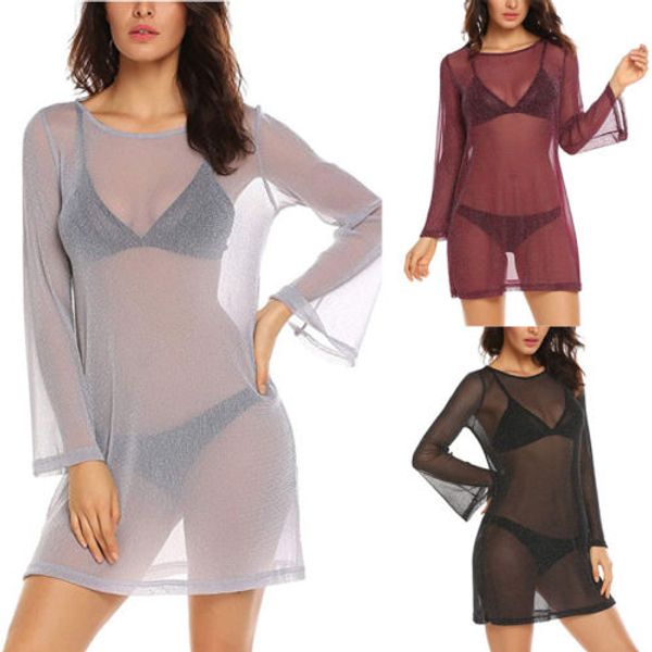 

fashion women mesh sheer dress solid long sleeve o-neck evening club party loose dress summer, White;black