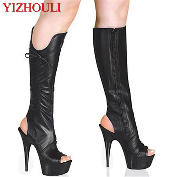 

star performance shoes 15cm high-heeled shoes medium-leg butterfly open toe women's 6 inch summer pole dancing boots, Black