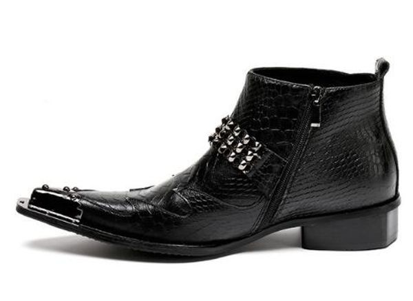 Herren-Stiefeletten aus Alligatorleder, Chaussure Homme, silberne Ketten, Metallkappe, kurze Herrenstiefel in Schwarz und Gold