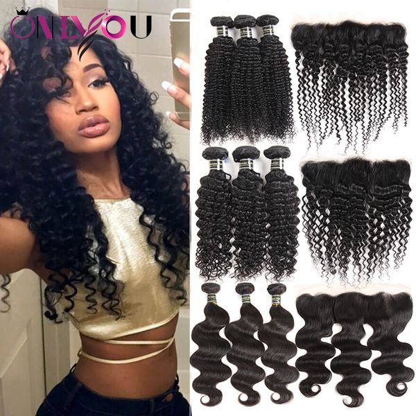 

unprocessed brazilian virgin human hair weave 3 bundles with lace frontal deep body wave kinky curly hair extensions frontal weaves closure, Black