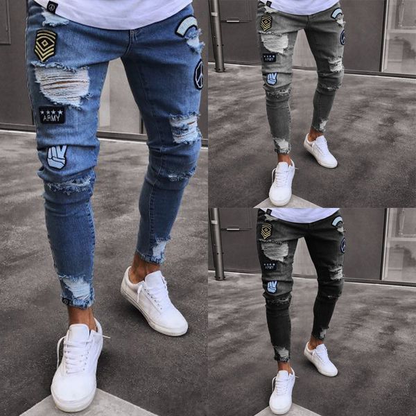

european american fashion mens jeans patches decoration skinny fit ripped jeans broken punk pants destroyed hip hop men, Blue