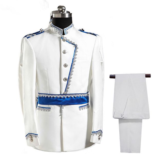 

europe army style stand collar white blue wedding for men dj stage singer men suits with pants costume homme slim fit, White;black