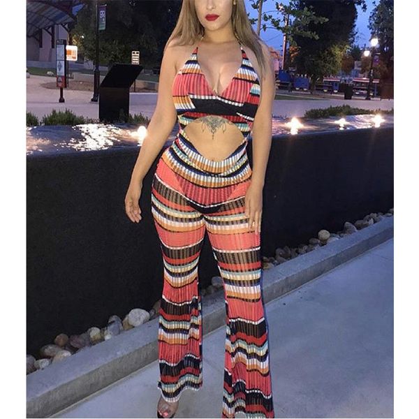 

body women rompers womens jumpsuit backless v lead hollow out reveal back sleeveless printing striped combinaison femme new, Black;white