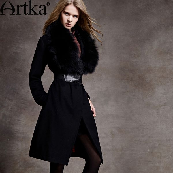 

artka women's autumn winter retro noble luxury depachable fur collar longsleeve belt solid allmatch warm coat wa10941q, Black