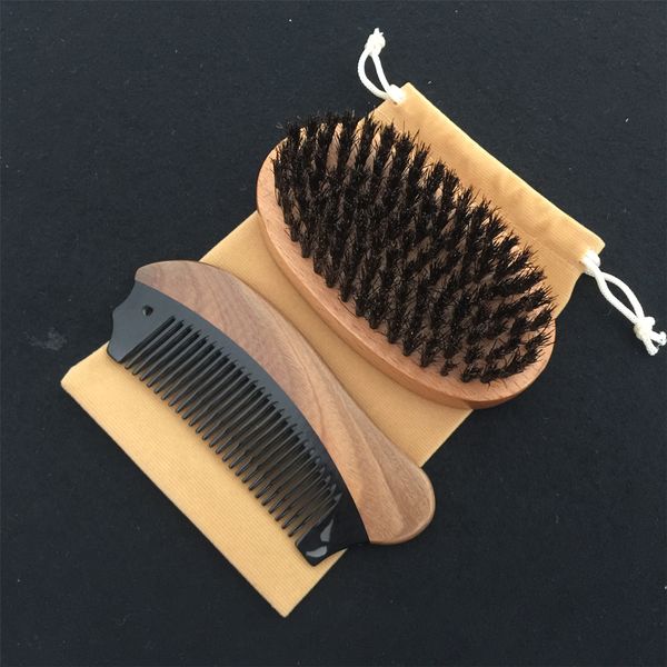 

classic 3in1 boar bristle palm brush & horn wood comb cotton bag set travel carry makeup fashion hair care styling tool men beard grooming