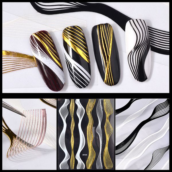 

1 sheet fashion metal nail stickers 3d gold black wave shape self-adhesive decals decorations diy creative manicure accessories