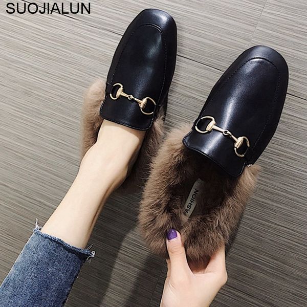 

suojialun women fur slippers slip on mule women outdoor slipper flat causal shoes slide female shoes british buckle loafer shoe, Black