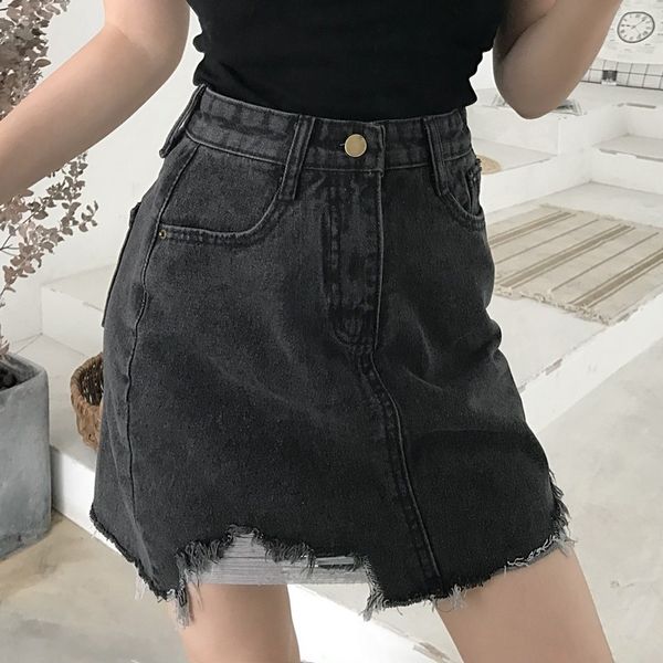 

frayed women jeans skirts dark grey korea style wrap saia feminina leisure high waist a-line slim jupe femme 2018 summer, Black