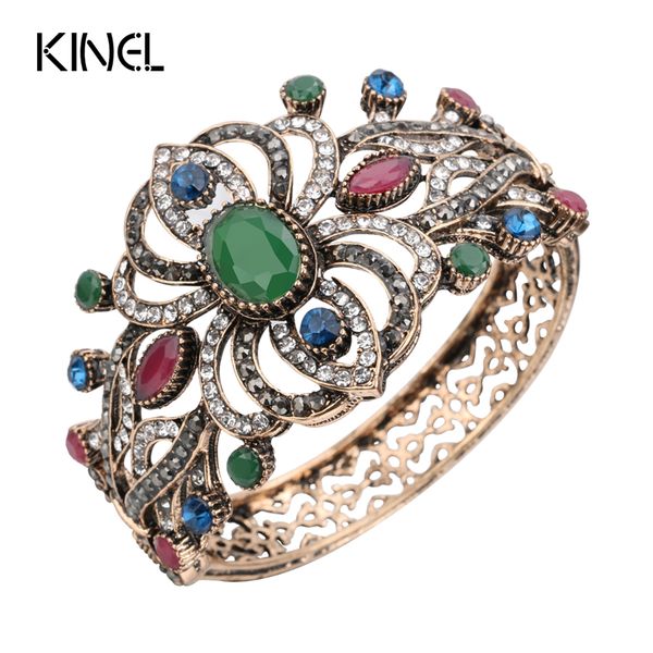 

2017 charm big bracelet for women colorful resin antique gold color turkish jewelery crystal flower bracelet christmas gift, Black