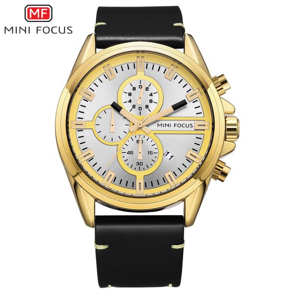 

minifocus 2018 quartz leathter wristwatch sports men watch chronograph big watches for male montre homme, Slivery;brown