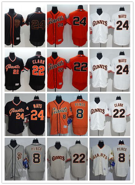 

custom men women youth majestic sf giants jersey #8 hunter pence 22 will clark 24 willie mays home orange grey white baseball jerseys, Blue;black