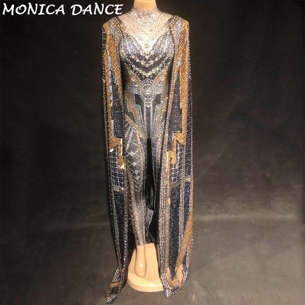 

women stage jumpsuit + coat silver gold sparkling crystals bodysuit nightclub party singer stage wear bling dance costumes, Black;white