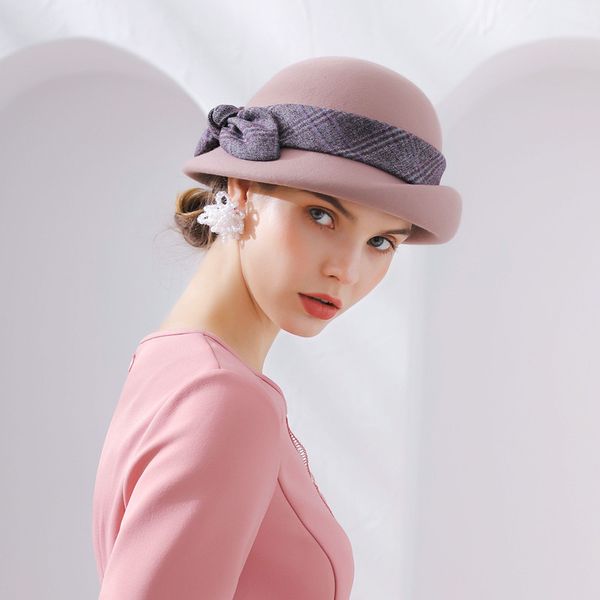 

lady fedoras hat new style checked cloth dome cap girls bow tie crimson woolen dome cap beret party hats adjust b8989, Blue;gray