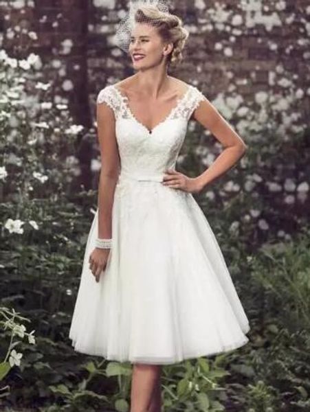 

elegant tea length short wedding dresses cap sleeves appliques lace wedding gowns tulle v neck tasstel short bridal gowns cheap, White