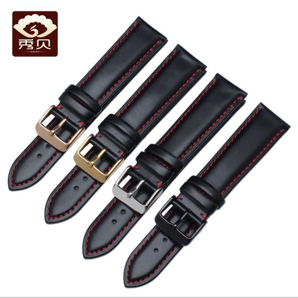 

common used hand-stitched leather watchband 20mm 22mm black&red thread cordovan leather strap&pin buckle for brands watch men, Black;brown