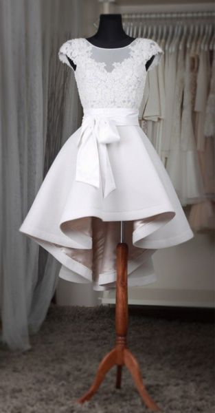 

high low wedding dress under 100 bateau sheer neck with short sleeves applique lace bows satin a line wedding bridal gowns, White