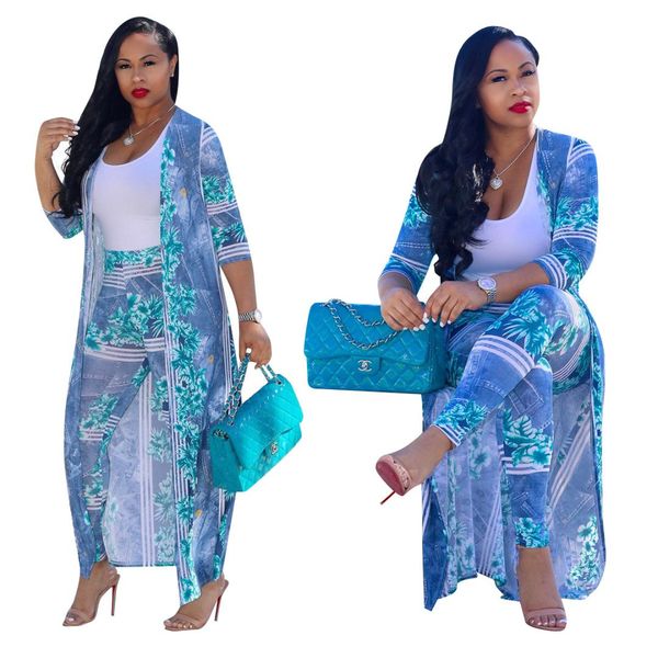 

summer women long trench coat and pants set blazer suit women cloak floral long and trousers woman suits plus size 3xl, White