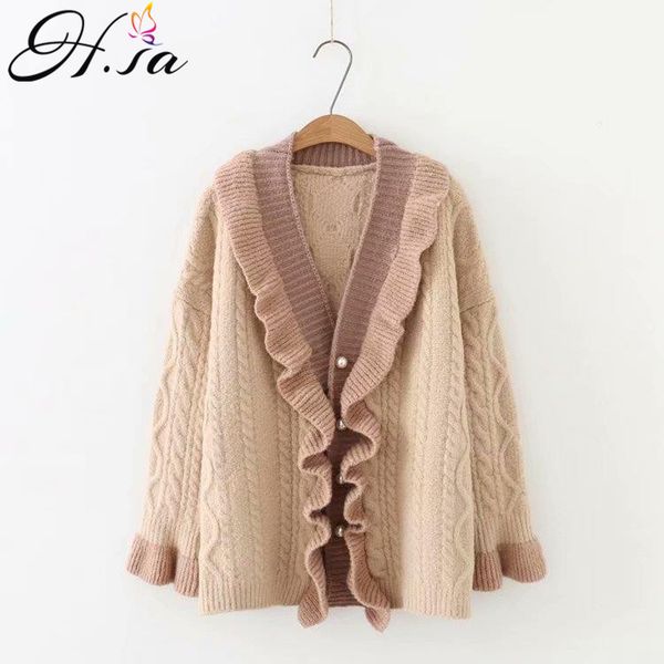 

h.sa 2018 autumn winter sweater cardigans ruffles knit coat open stitch sweater poncho oversized jacket twisted loose cadigans, White;black