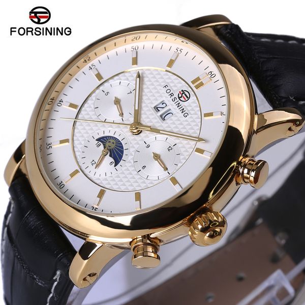 

forsining 2017 golden design moon phase calendar display mens watches automatic fashion mechanical watch, Slivery;brown