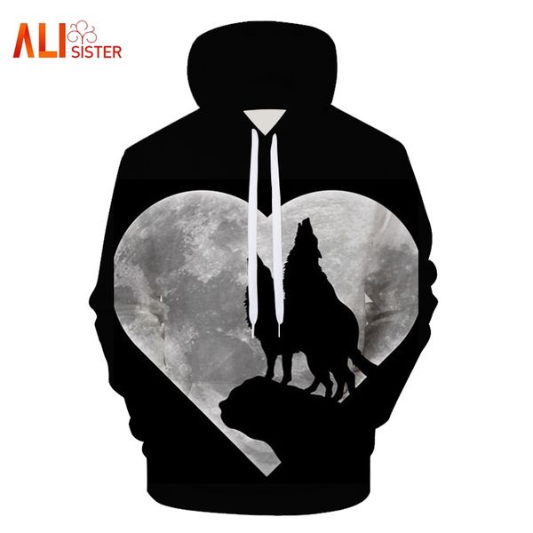 

mens hoodies heart shaped print wolf mutual dependence warm sweatshirts harajuku men women o-neck hooded brand pullover, Black