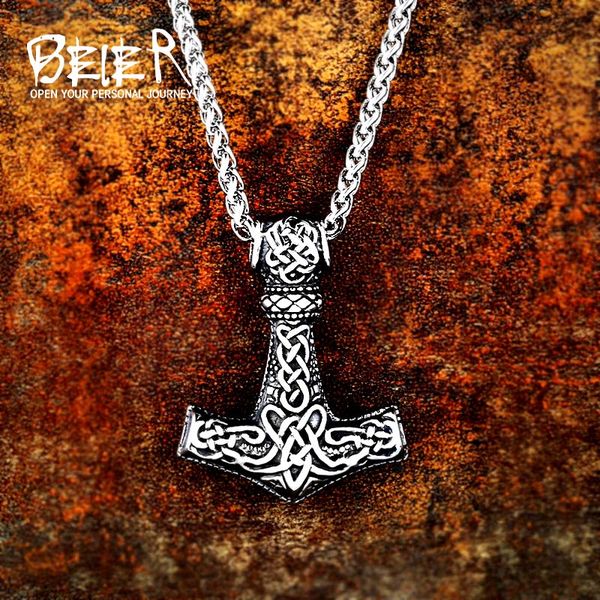 

beier 316l stainless steel norse viking pendant necklace wolf hammer mjolnir scandinavian odin amulet men jewelry lp385, Silver