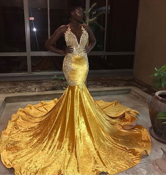 

2018 gold mermaid prom dresses sweep train velvet deep v neck sleeveless evening dress party wear custom made plus size formal gowns, Black