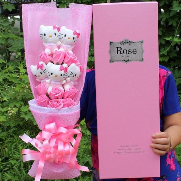 

stuffed toys lovely hellokitty plush cats doll with fake roses cartoon flower bouquet decorations valentines gift