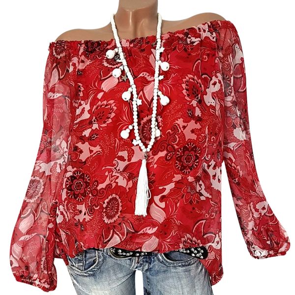 

4xl plus size off shoulder floral printed summer womens blouses casual long sleeve loose ladies office shirts blusas, White